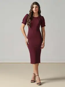 Selvia Women Puff Sleeves Bodycon Midi Dress