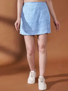 Purple Feather Floral Printed Above Knee Length Skort Skirt