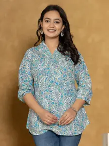 INDYES Paisley Printed V-Neck Pure Cotton Straight Short Kurta