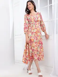 BAESD Women Floral Printed V-Neck Smocked Fit and Flare Midi Dress