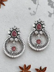 Adwitiya Collection Silver-Plated Stones Studded Circular Shaped Oxidised Drop Earrings
