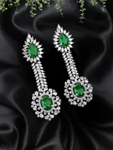 Adwitiya Collection Rhodium-Plated Cubic Zirconia Studded Teardrop Shaped Drop Earrings