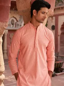 Jompers Geometric Embroidered Mandarin Collar Sequinned Straight Kurta