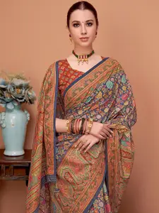 Sangria Floral Printed Mukaish Regular Tussar Saree