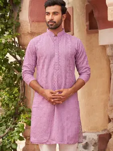 Jompers Paisley Embroidered Mandarin Collar Georgette Straight Kurta