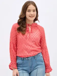 all about you Women Self Design Tie-Up Neck Puff Sleeve Top