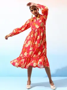 BAESD Women Floral Printed Puff Sleeves Tiered A-Line Midi Dress