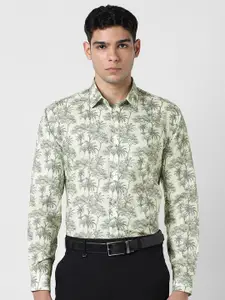 V Dot Slim Fit Floral Printed Spread Collar Long Sleeves Cotton Formal Shirt