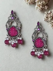 Adwitiya Collection Silver Plated Stone-Studded Beaded Teardrop Shaped Drop Earrings