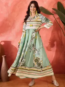 Sangria Women Printed Cotton Tie-Up Neck Maxi Dress