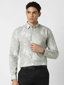 V Dot Slim Fit Floral Printed Spread Collar Long Sleeves Cotton Formal Shirt