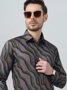 Hancock Classic Slim Fit Abstract Printed Spread Collar Cotton Satin Party Shirt