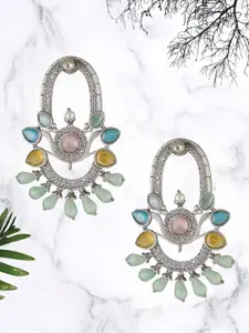 Adwitiya Collection Silver-Plated Stone-Studded Beaded Contemporary Oxidised Drop Earrings