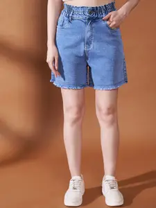 Purple Feather Women Washed Relaxed Fit High-Rise Denim Shorts