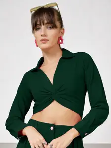 Roadster Women Solid Shirt Collar Twisted Blouson Crop Top