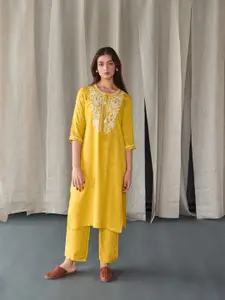 Bombay Bloom Floral Printed Round Neck Thread Work Jacquard Hemp Kurta