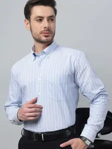 Hancock Classic Fit Striped Button-Down Collar Pure Cotton Oxford Chambray Formal Shirt