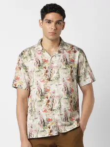 V Dot Slim Fit Floral Printed Spread Collar Half Sleeves Casual Shirt