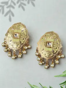 Adwitiya Collection Gold-Plated Stone-Studded Pearls-Beaded Floral Shaped Drop Earrings