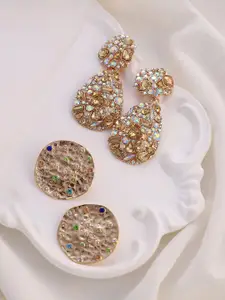 SOHI Set Of 2 Gold-Plated Contemporary Soiree Artificial Stones Studded Drop Earrings