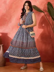 Sangria Women Tropical Printed Lace Inserts Cotton Fit and Flare Maxi Dress