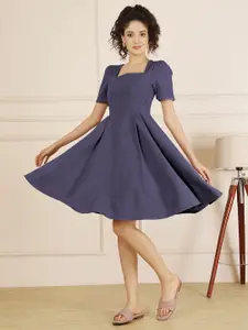 Selvia Women Self Design Puff Sleeve Fit & Flare Above Knee Dress
