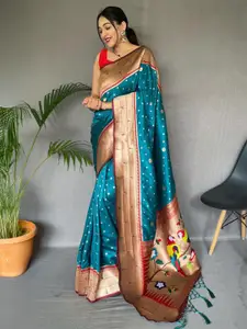 DEVATITHI Deep Blue Polka Dot Woven Design Zari Paithani Saree