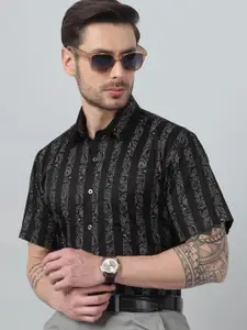 Hancock Men Classic Slim Fit Floral Printed Spread Collar Cotton Satin Formal Shirt