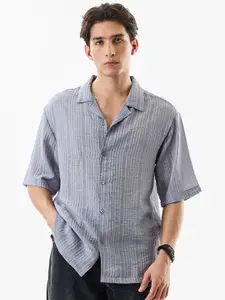 Snitch Grey Relaxed Textured Self Design Cuban Collar Crinkled Oversized Casual Shirt