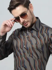 Hancock Classic Slim Fit Abstract Printed Spread Collar Cotton Satin Party Shirt