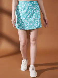 Purple Feather Floral Printed Above Knee Length Skort Skirt