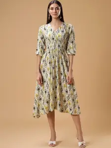 BAESD Ethnic Motifs Print Smocked Fit & Flare Midi Dress