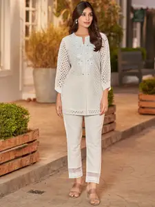 AUTUMN LANE Iyana Frosty Shchiffli Cotton Top With Trousers Co-Ords