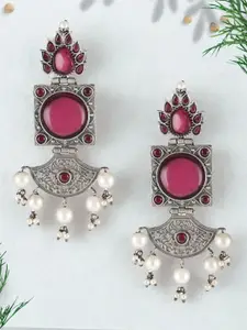 Adwitiya Collection Silver-Plated Stone-Studded & Beaded Square Oxidised Drop Earrings