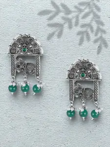 Adwitiya Collection Silver-Plated Stones Studded & Beaaded Square Oxidised Drop Earrings
