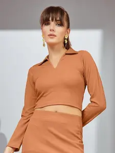 The Roadster Lifestyle Co Women Textured Collared Neck Crop Top