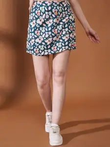 Purple Feather Floral Printed Above Knee Length Skort Skirts