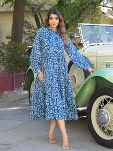 BAESD Women Geometric Printed Puff Sleeves Cotton Fit & Flare Midi Dress