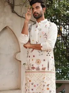 Jompers Floral Embroidered Mandarin Collar Straight Kurta