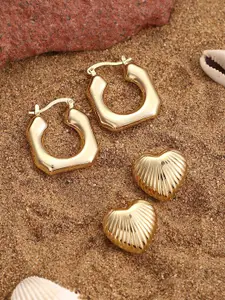 SOHI Set Of 2 Gold-Plated Simplicity Hoop Heart Shaped Studs Earrings