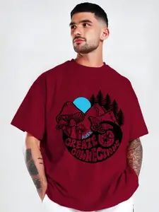 AUSK Typography Printed Round Neck Drop-Shoulder Sleeves Cotton Oversized T-shirts