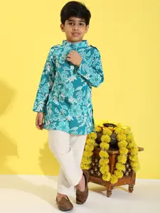 Cutiekins Boys Floral Printed Band Collar Straight Kurta With Pyjamas
