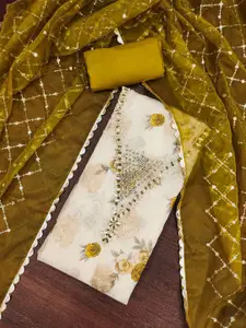 PeachMode Mustard Viscose Banarasi with Floral Print Unstitched Dress Material