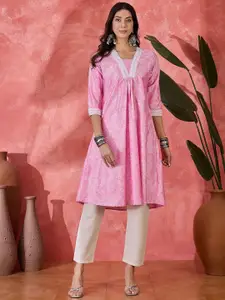 Sangria Floral Printed Pleated Notch Neck A-Line Kurta