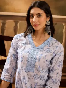 Sangria Ethnic Floral Printed V Neck Kurta