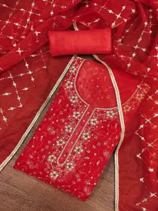 Peachmode Floral Embroidered Beads & Stones Organza Unstitched Dress Material