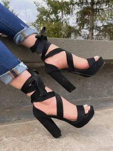 GLO GLAMP Black Suede Peaks Block Heels Party Sandals