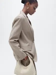 MANGO Notched Lapel Striped Single-Breasted Blazer