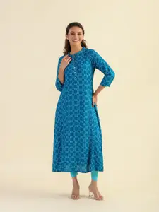 HAY Soft Horizon Geometric Printed Mandarin Collar A-Line Kurta