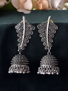 Sangria Stainless Steel Silver Plated Stones Studded Leaf Shaped Drop Earrings